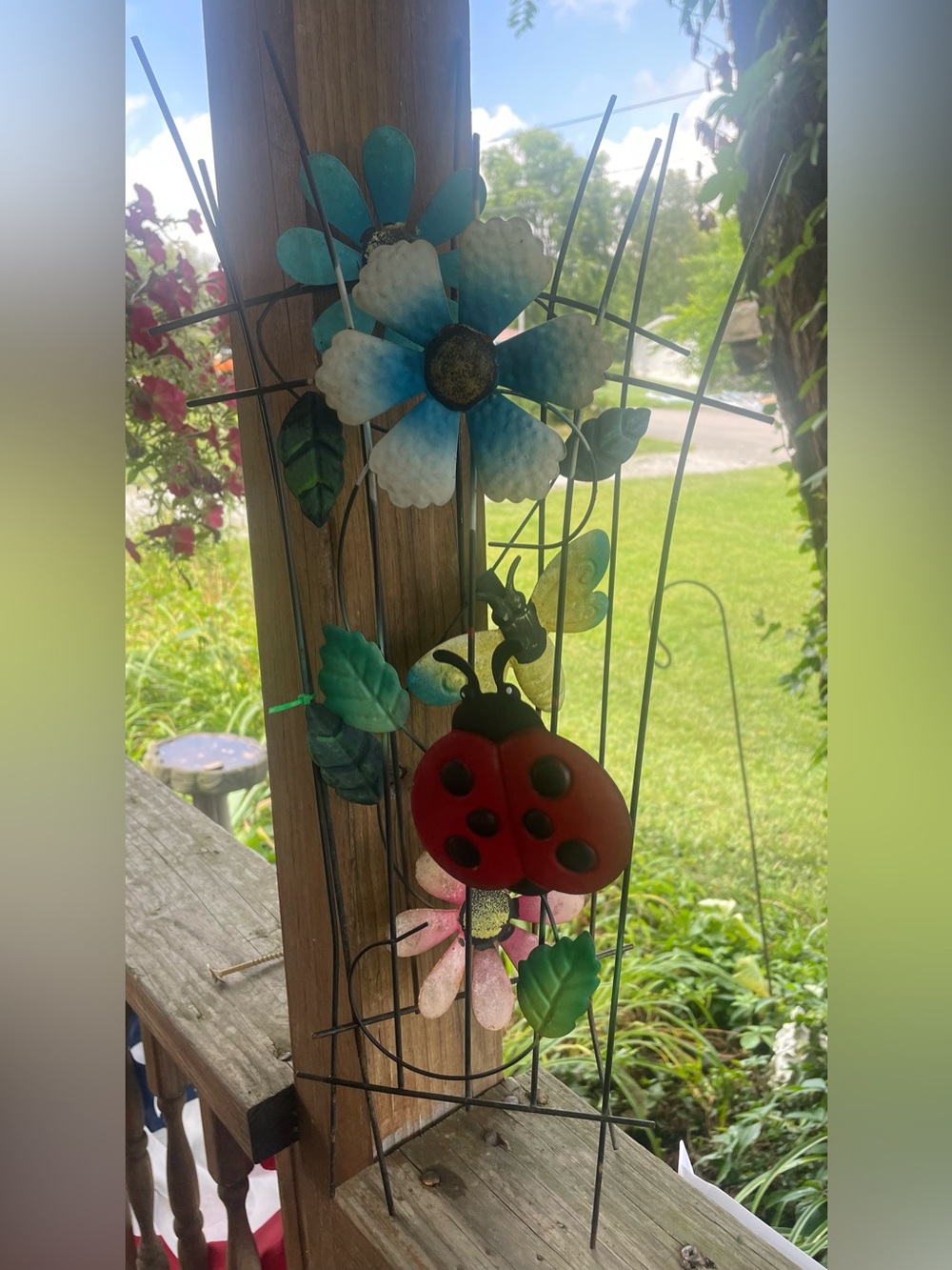 Colorful Metal Trellis Garden Stake Decor Flower with Ladybug and Butterfly